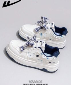 Floral Lace-Up Casual Sneakers – White & Navy